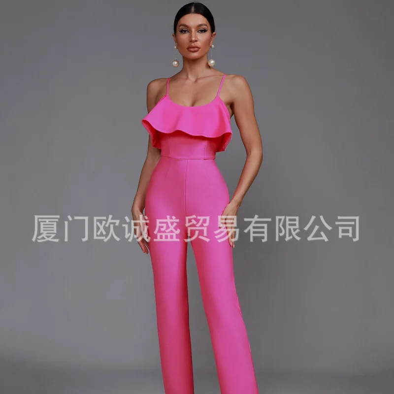 Fashion Spot Sling Ruffled Sexy off-the-Shoulder Slim Long Bandage Jumpsuit