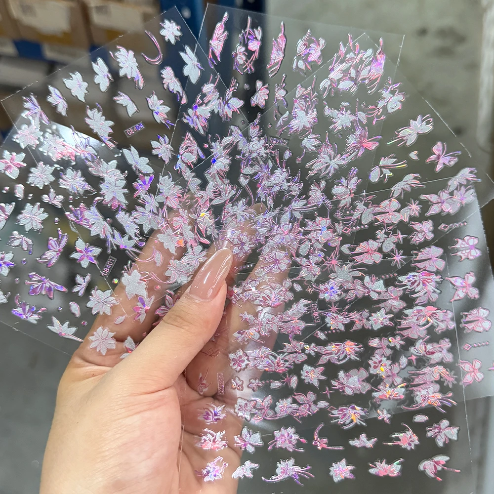 

6PCS Pink Purple Laser Flower Butterfly Nail Decals 3D Charming Bowknot Hibiscus Nail Art Sticker Bronzing Floral ManicureSlider