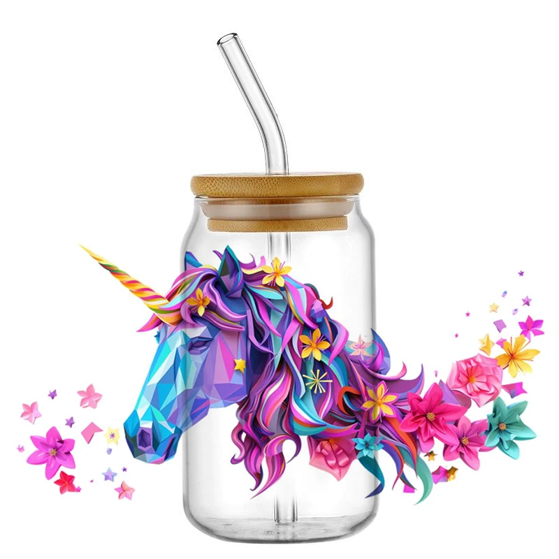 Unicorn 16OZ UV DTF Cup Wraps Transfer Sticker for Glass Libbey Can Bottle Selfadhesive Washable DIY Custom Mug Sticker