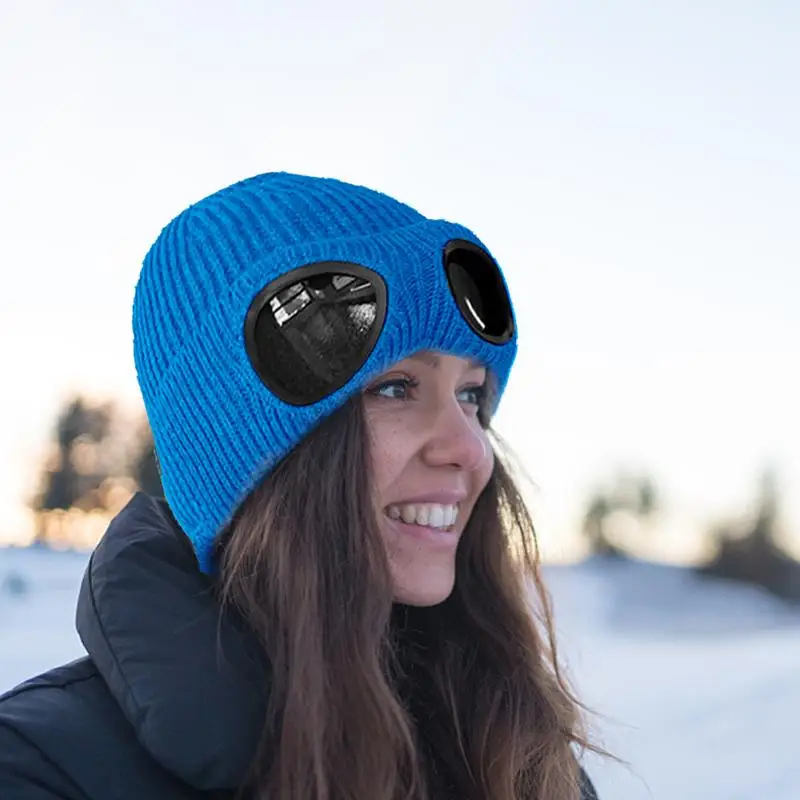 Ear Protection Knitted Hat Winter Windproof Hat With Goggles Keep Warm Plus Velvet Beanie Women And Men Skiing Supplies