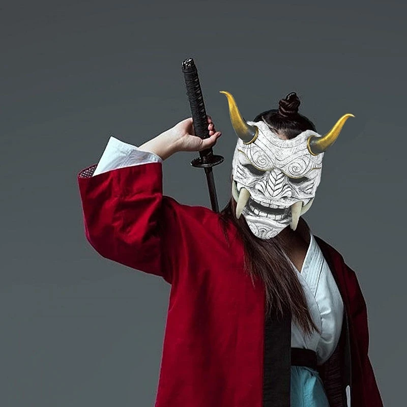 Prajna masker halloween aankleden mannelijke demon spook samurai shura volledig gezicht hoektanden Japanse hars rollenspel tafelblad spel