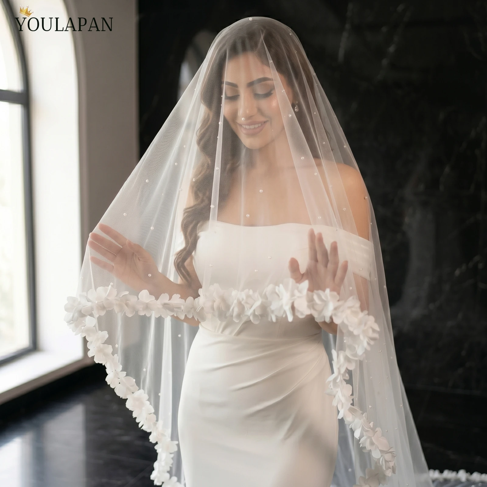 TOPQUEEN 3d Flowers Velo De Novia 2 Layer Blusher Voile MariéE Long Veu Bride 3 Meters Cathedral Drop Veil Acessorio Noiva V255