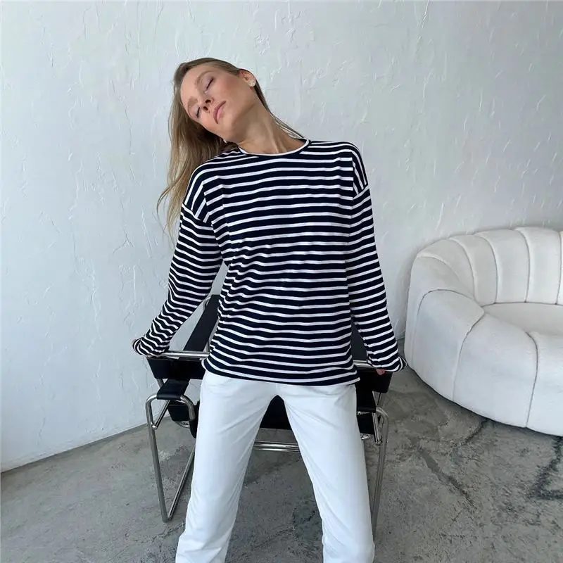 

Spring Fashion Long Sleeve Striped Cotton T-Shirt round Neck Casual Versatile Trend Pure Cotton T-Shirt Comfortable Loose Fit