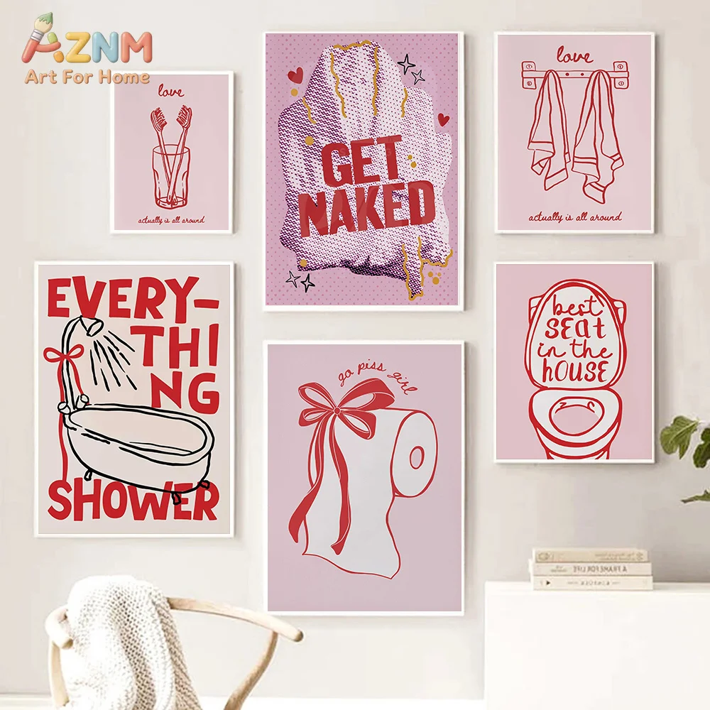 AZNM Pink Red Funny Bathroom Quote Canvas Print Bow Toilet Paper Bathtub Line Art Modern Restroom Wall Poster Unframed Decor Art