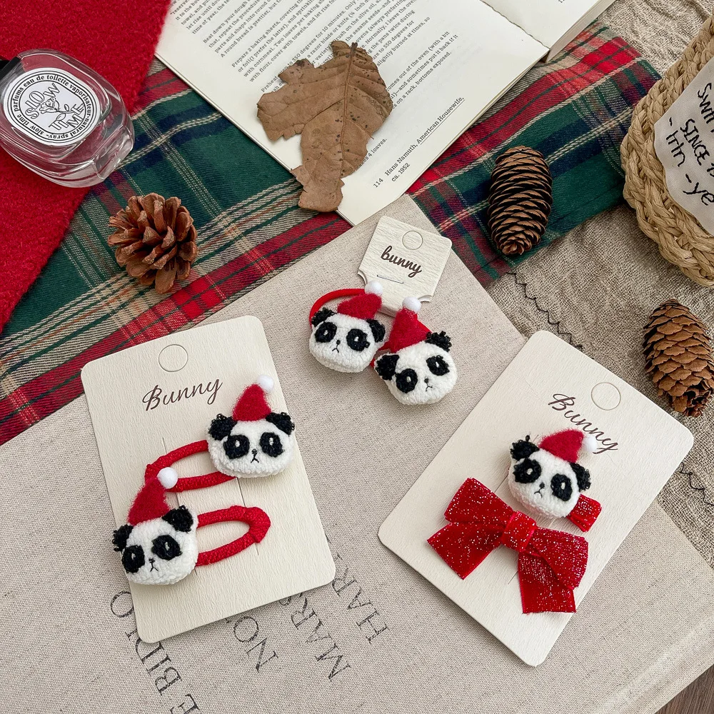 

2pcs Cartoon Panda Hair Clip Hairpins Red Hairpin Cute Girl Elastic Hair Band Bangs Side Clip Hair Accessories New Year's Gifts
