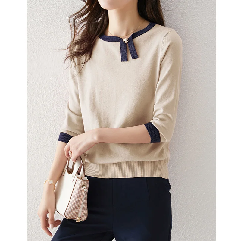 Spring New Contrast Knitting Pullovers 3/4 Sleeve O-Neck Loose Plus Size All-match Sweaters Elegant Fashion Women Clothing