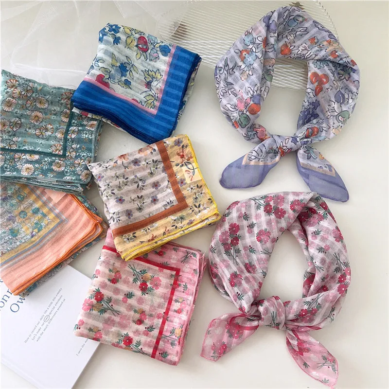 Striped Floral Kerchief Neckerchief Women Square Scarves Turban Flower Bandanas Hair Band Headband Neck Scarf Bag Hat Decoration