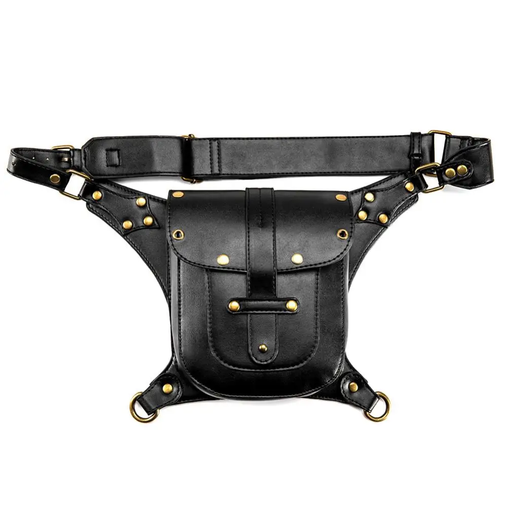 Steampunk Backpack with Multiple Carrying Method Punk Bag Pu Leather Rivets Niche Motorcycle Single Shoulder Crossbody Waist Bag