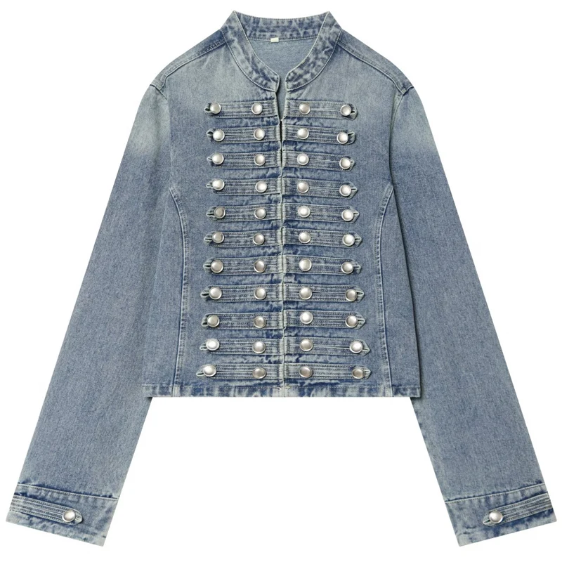 HXAO Crop Button Denim Coat Women's Jacket Demi-Season 2026 Lady Chic Blue O-Neck Long Sleeve Top Female Fitted Jean Outerwears