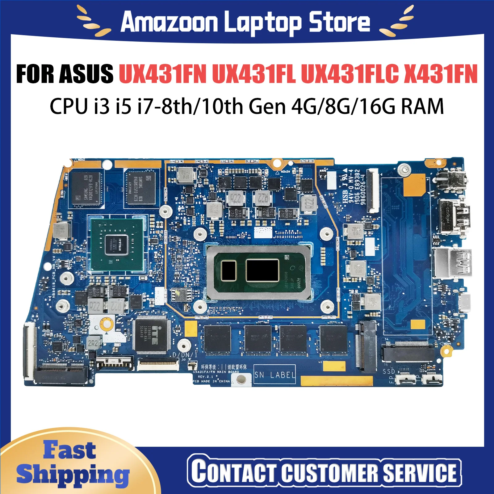 

UX431FN mainboard For ASUS UX431FL UX431FLC X431FN RX431FN BX431FN laptop motherboard I3 I5 I7 8th 10th Gen 4G 8G 16GB RAM DDR4