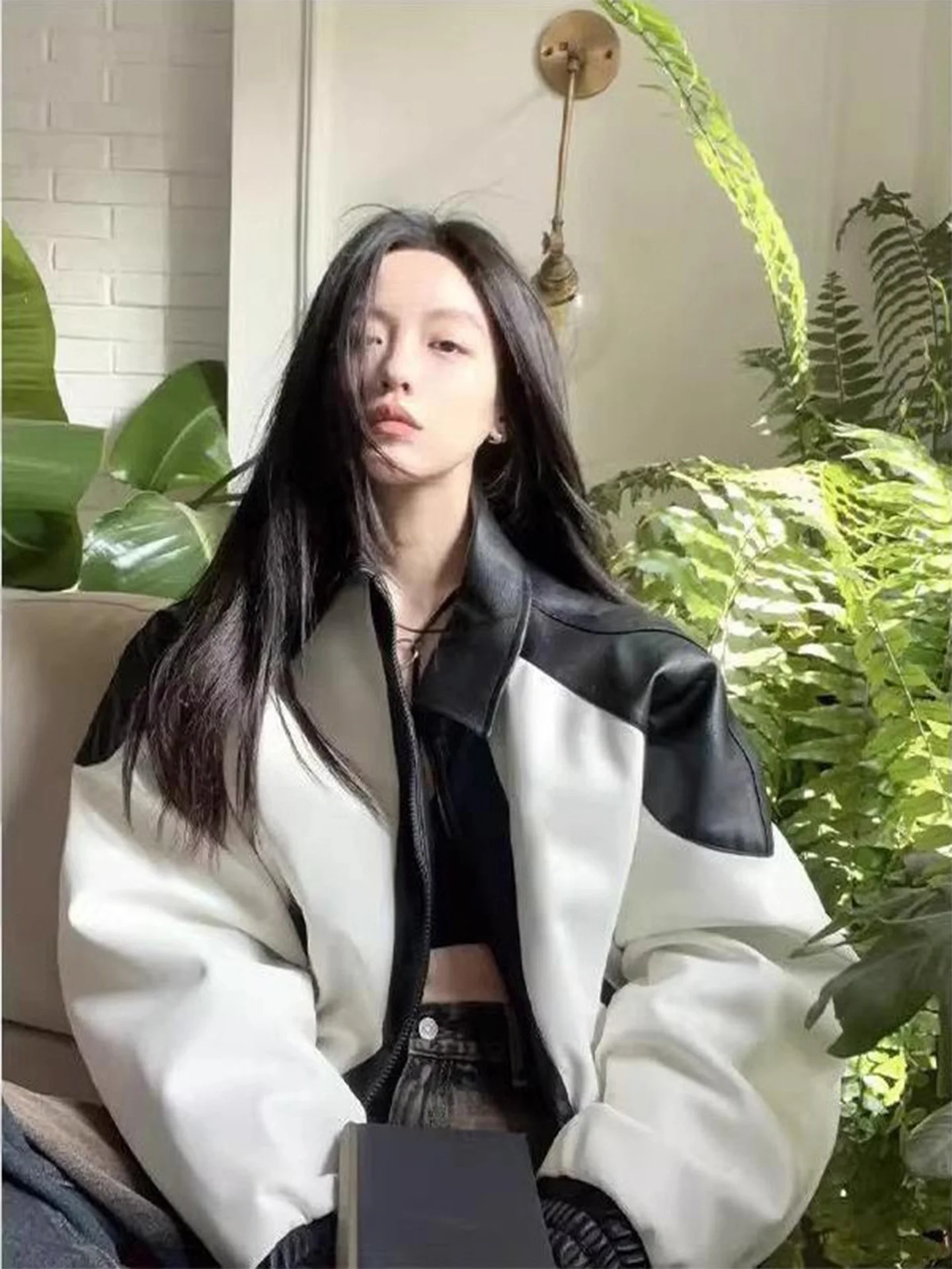 Bla cor branca blo couro jaet feminino beisebol sle roupas de motocicleta topo vintage faion ort outerwear