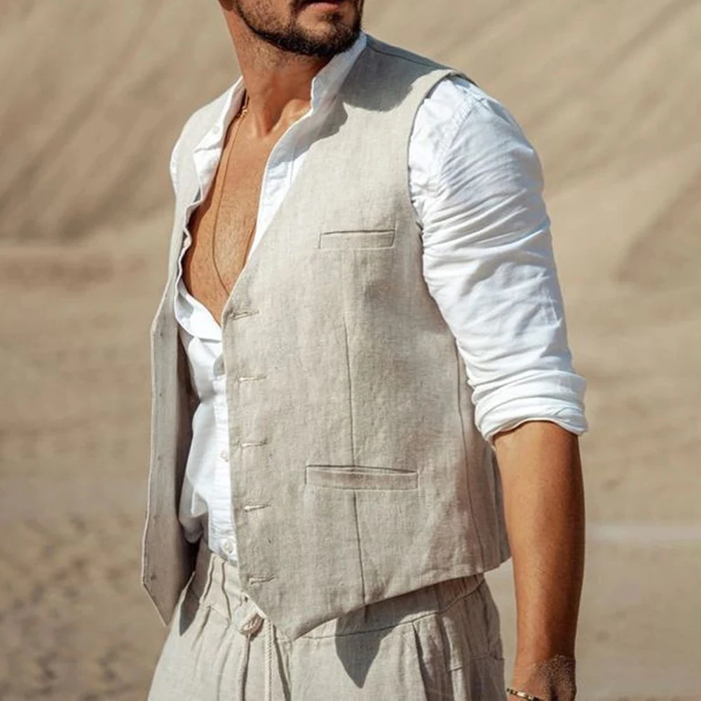 

Formal Men's Vest Linen Single Breasted Retro Solid Cotton Business Cool Coat Slim V-neck Sleeveless Suitable for Leisure
