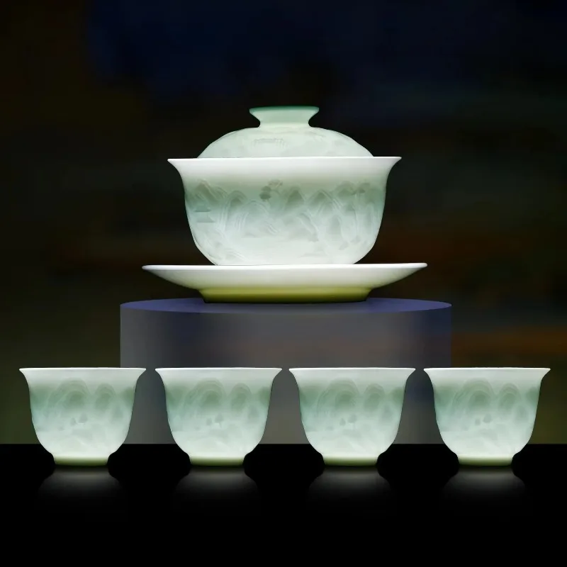 Handmade Shadow Celadon Kung Fu Tea Set Ceramic Carving Landscape Cover Bowl Teapot Teacup Combination Gift