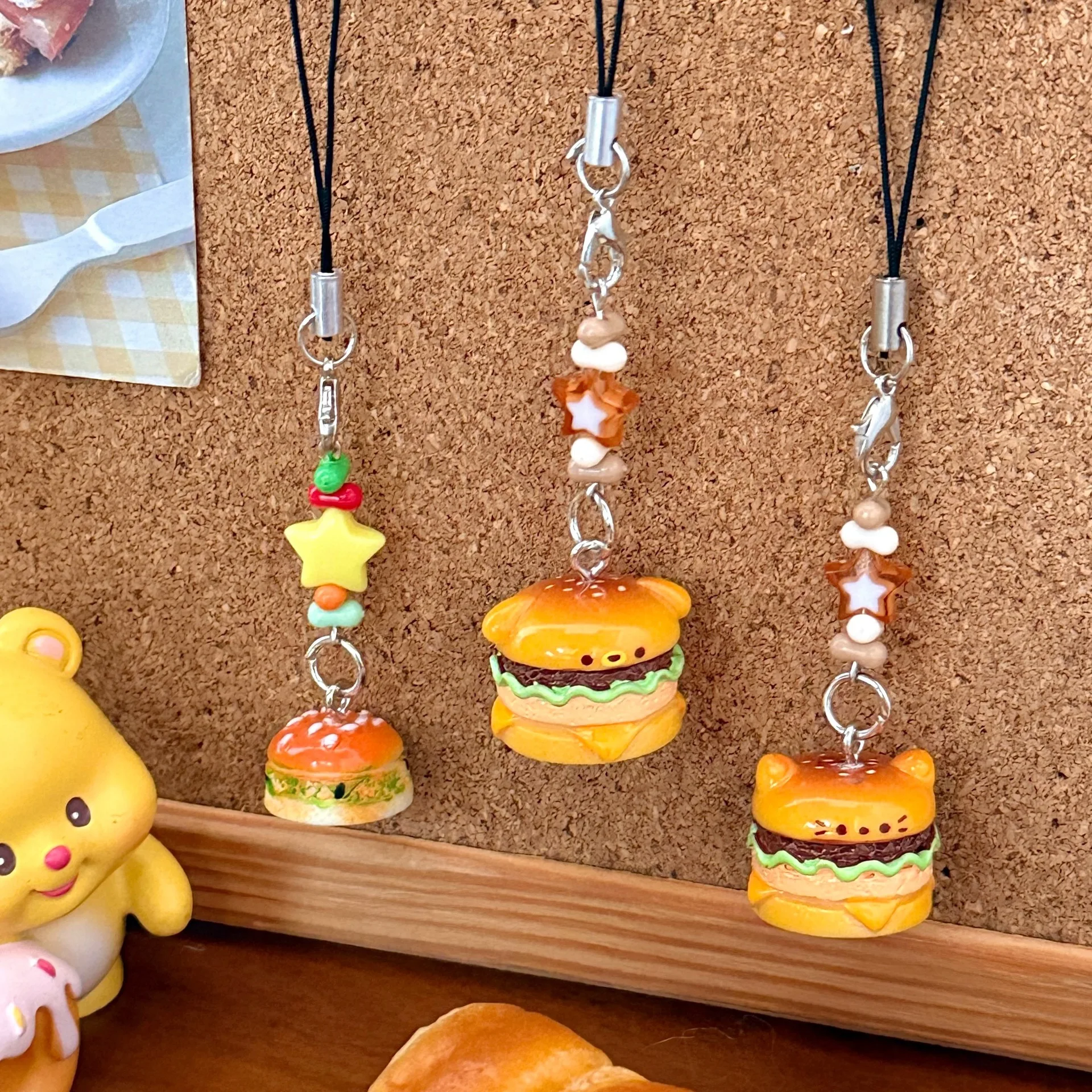 3 uds colgante de hamburguesa colgante 3D de dibujos animados para gatos y cachorros teléfono móvil cuerda colgante llavero de estudiante