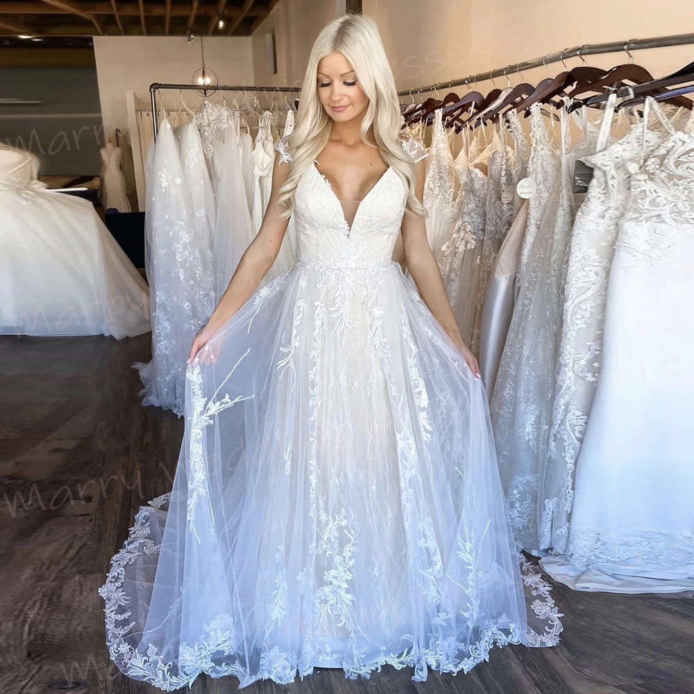 Luxurious Modern A-Line V-Neck Women's Wedding Dresses Charming Cap Sleeve Appliques Lace Bride Gowns Tulle Vestidos Novias Boda