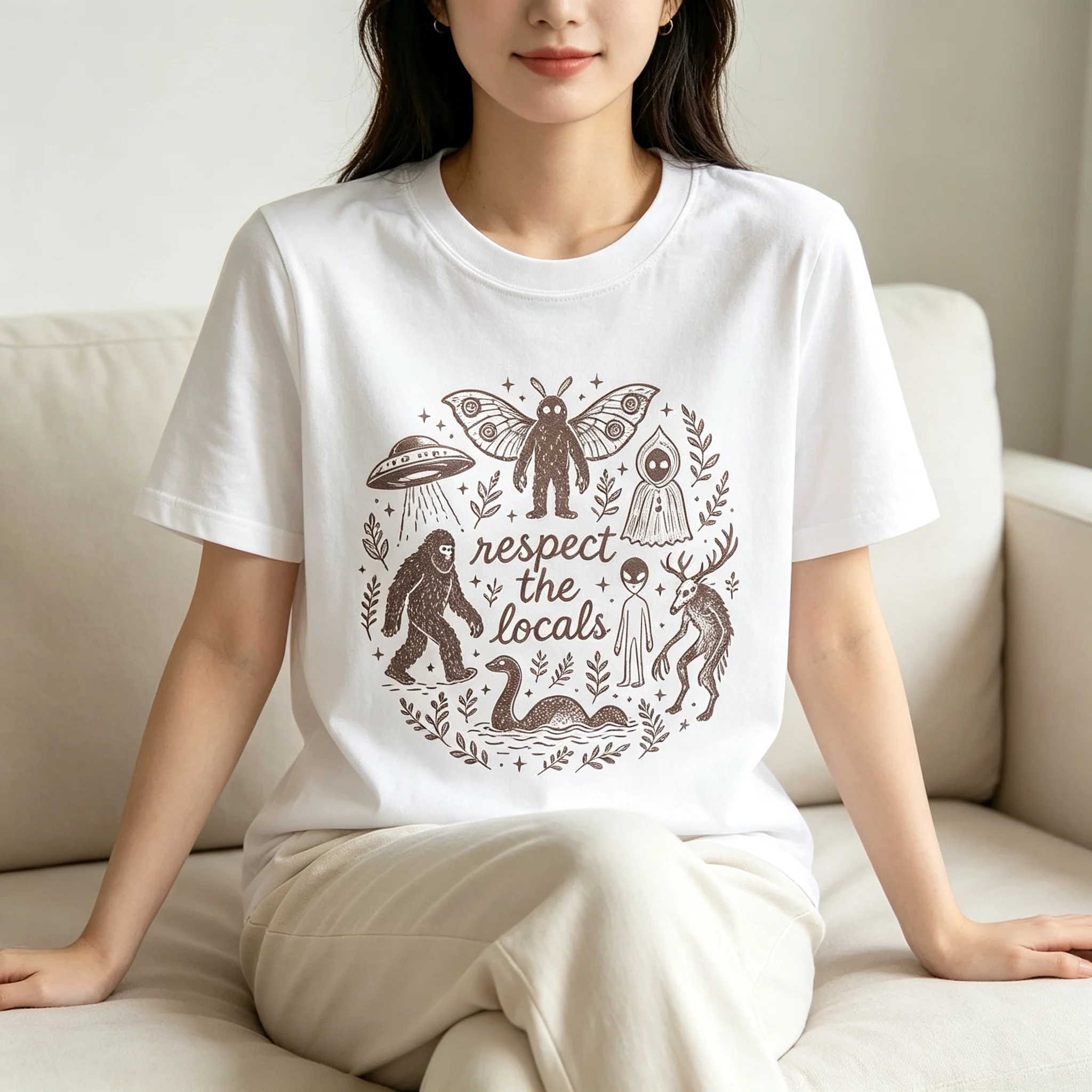 Ladies Gothic Creative Tee Vintage Bigfoot Alien Mothman Print Respect The Locals Letter Soft Casual Retro Short Sleeve Tops