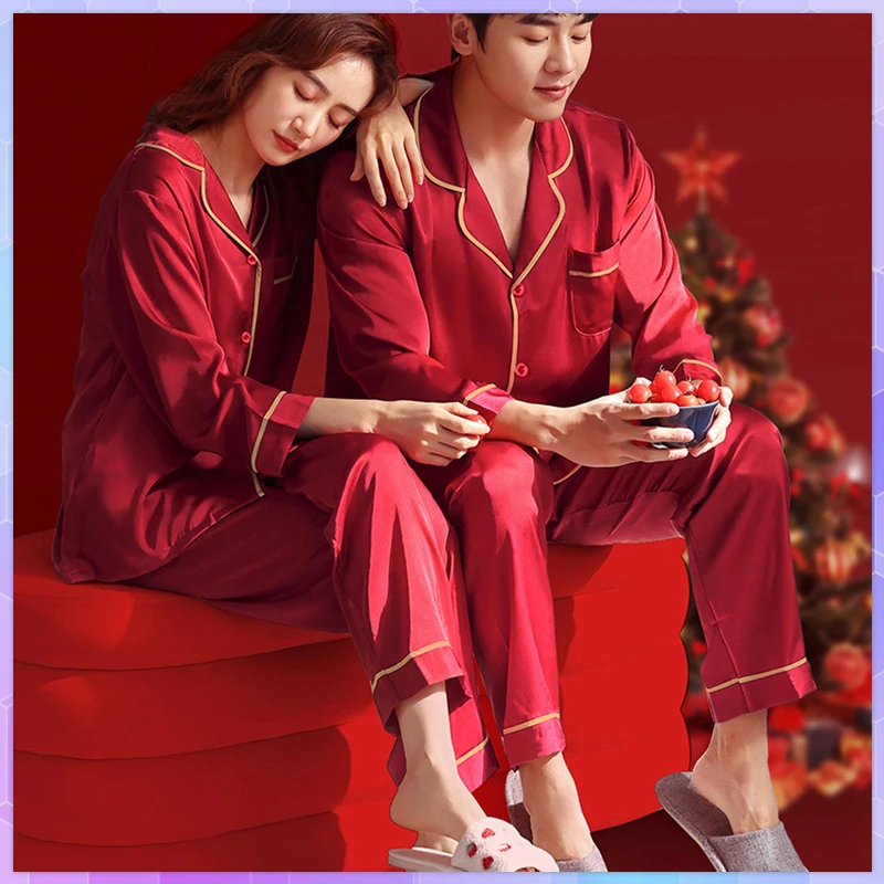 Korean Red Men's Silk Pajamas For Women Couple Satin Sleepwear Pajama Shorts Suit Female Two Piece Set Loungewear Plus Size Gift