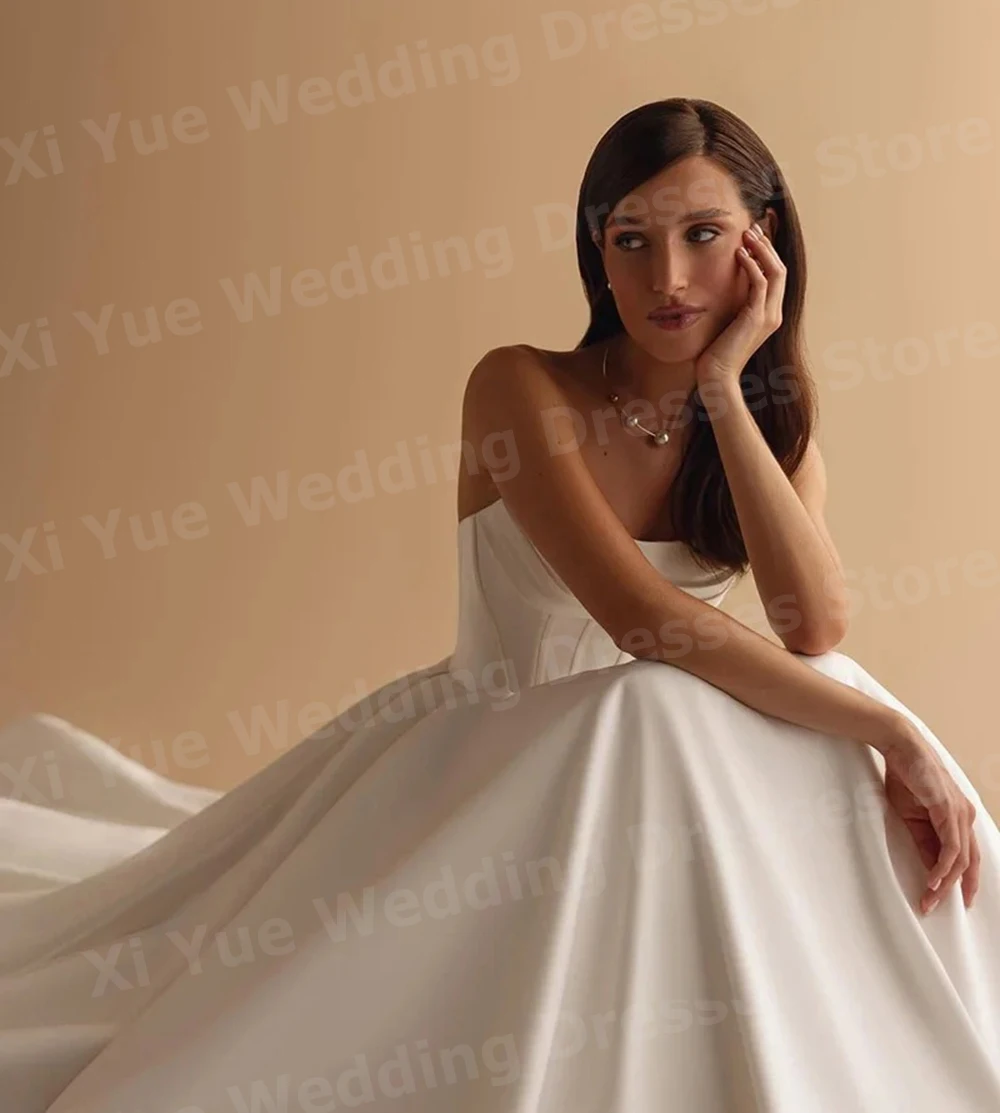2025 Simple A Line Women's Wedding Dresses Strapless Satin Vestido De Novia Bride Gowns Customized Sleeveless Backless Vestido