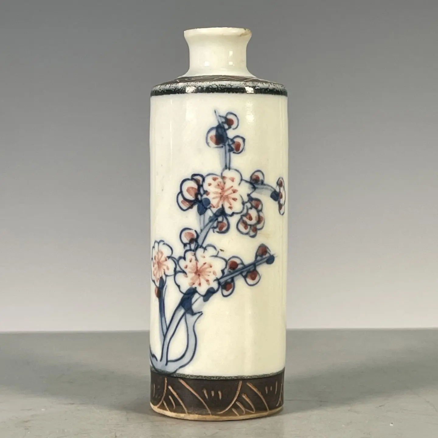 Straight Cylindrical Porcelain Vase,with Hand Gilded Trim, Freehand Dual Underglaze Blue & Copper Red Plum Blossom Floral Motifs