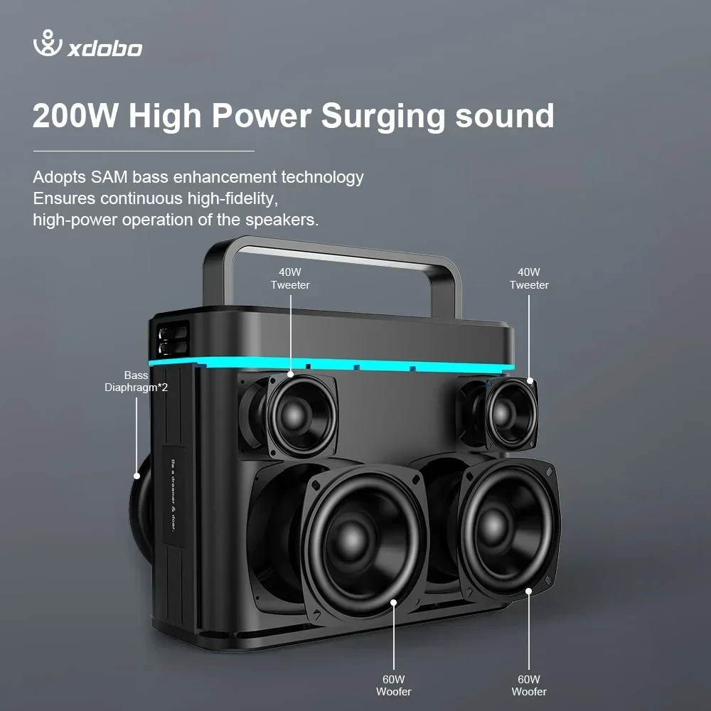 XDOBO Truth Bluetooth Speaker 200W High Power Portable Subwoofer Karaoke Speakers with 20 Hours Playback Home Theater System Box