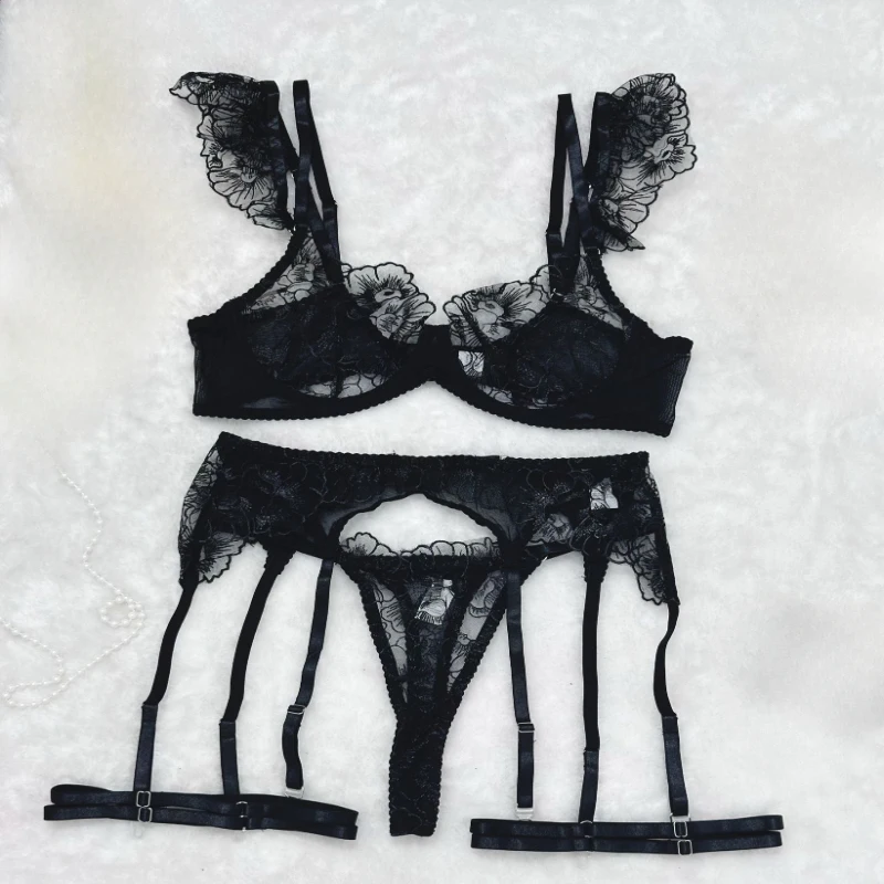 Bikini sexy lingerie with intricate embroidery, sheer mesh, and underwire bra4Set