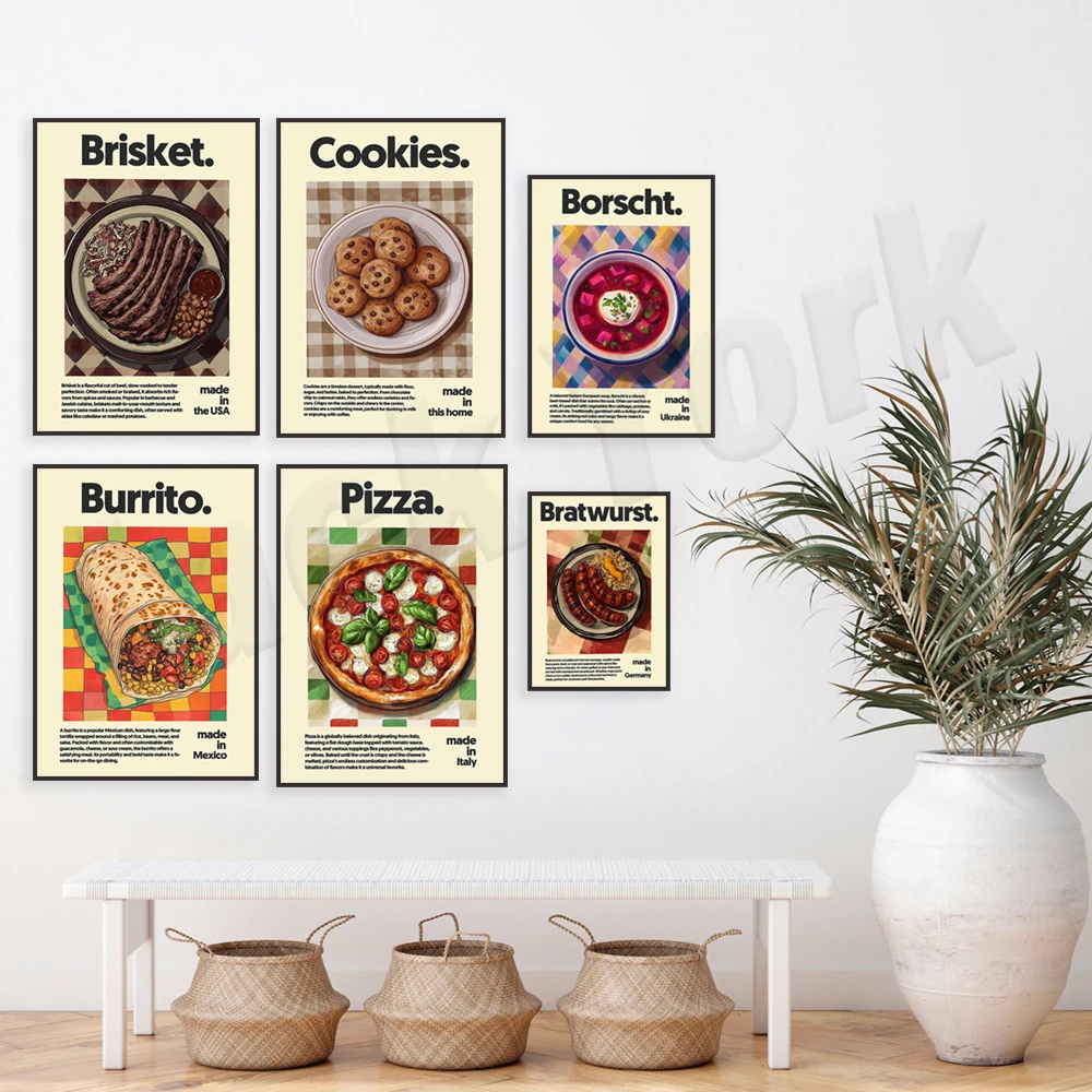 Biscuits, fried noodles, risotto, borscht, burritos, Vietnamese pho, avocado, brisket, biryani, German sausage food posters