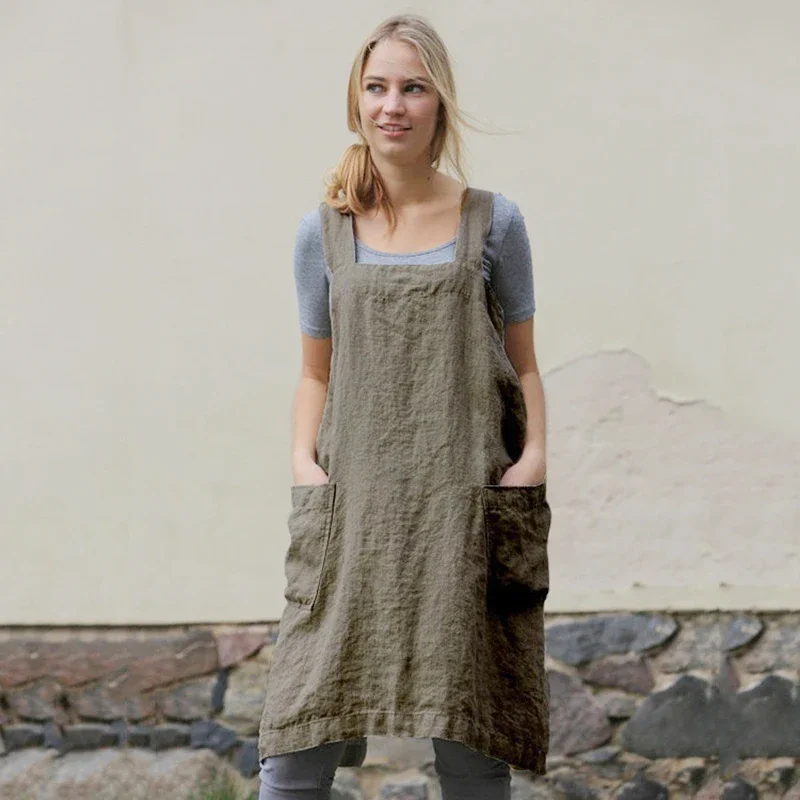 新しいシンプルな和風綿とリネンエプロン女性のホーム快適なファッションオーバーオールフラワーショップレトロ絶妙なレースフリー