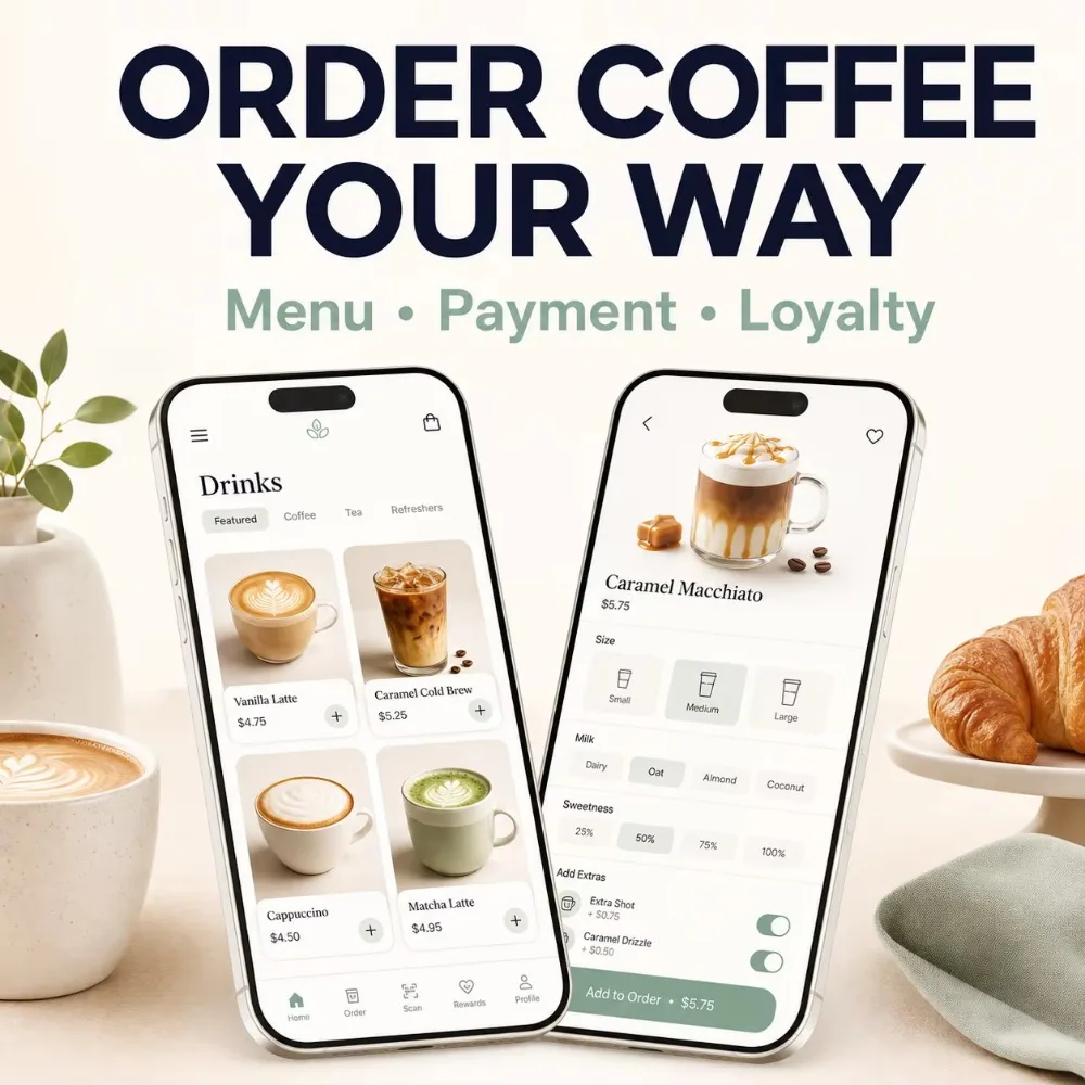 Coffee Shop Cafe Ordering App Development for IOS and Android with Menu Display Online Payment and Loyalty Card System