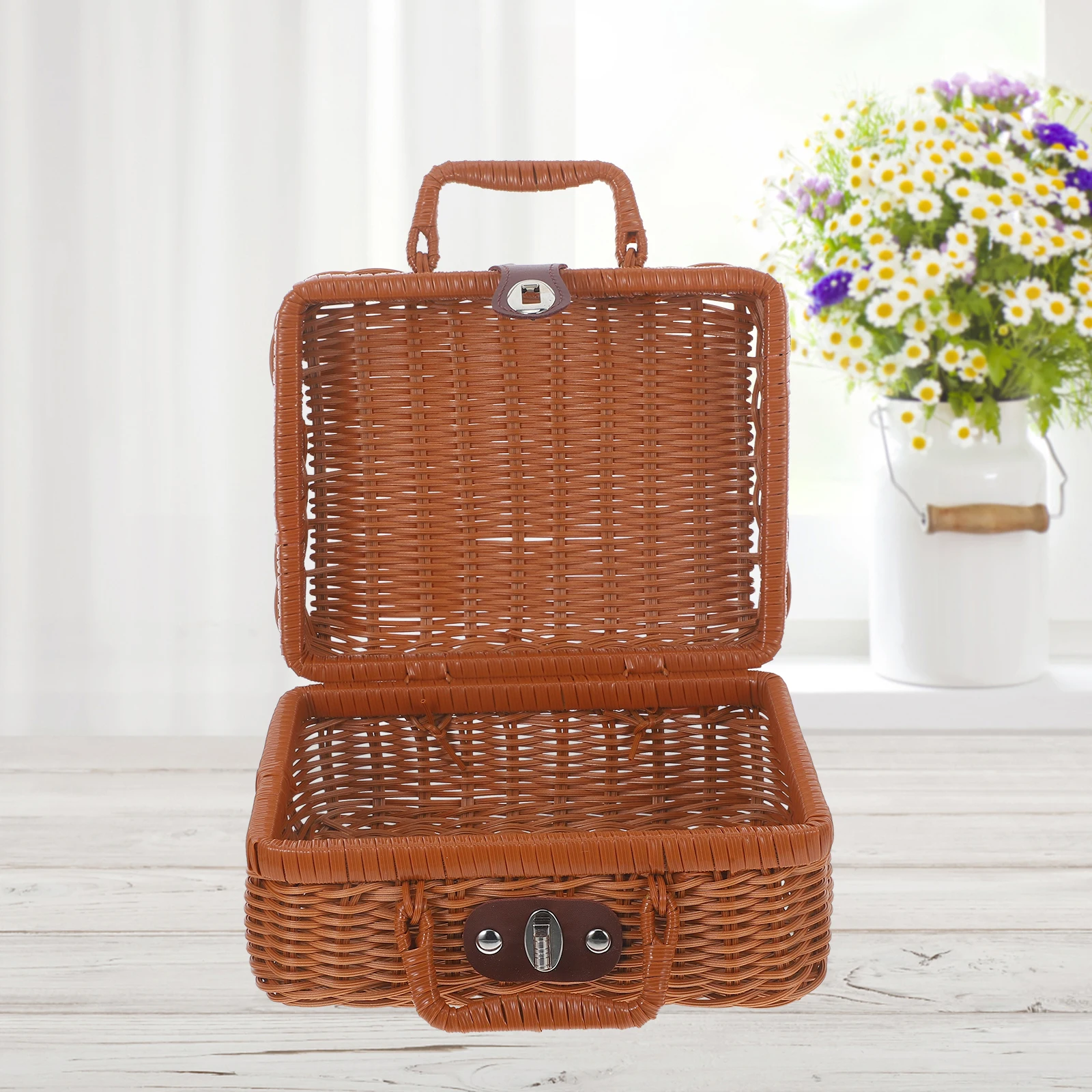 

Imitation Rattan Box Retro Storage Case Handwoven Suitcase Decorative Wicker Basket Large Capacity Vintage Home Storage Plastic