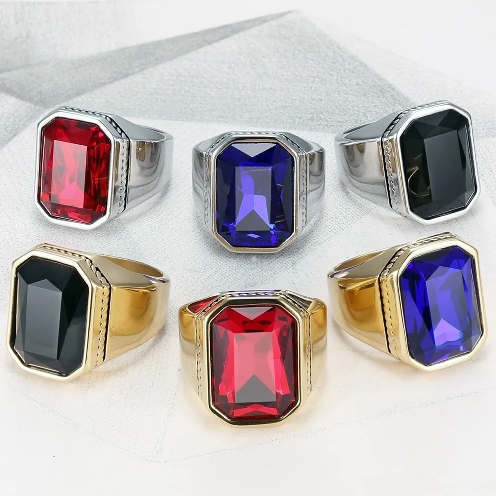 Big Square Gemstones Titanium Stainless Steel Rings for Men 18K Gold Filled Bands Masculine Cool Accessories Drop Shipping Hot