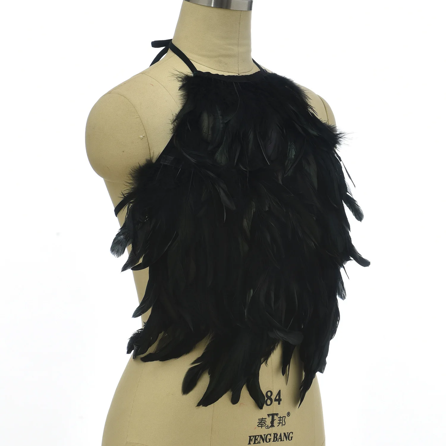 Top corto de empalme de plumas negras para mujer, camiseta sin mangas con cuello Halter, ropa de tubo, traje de Rave para festivales, disfraz de