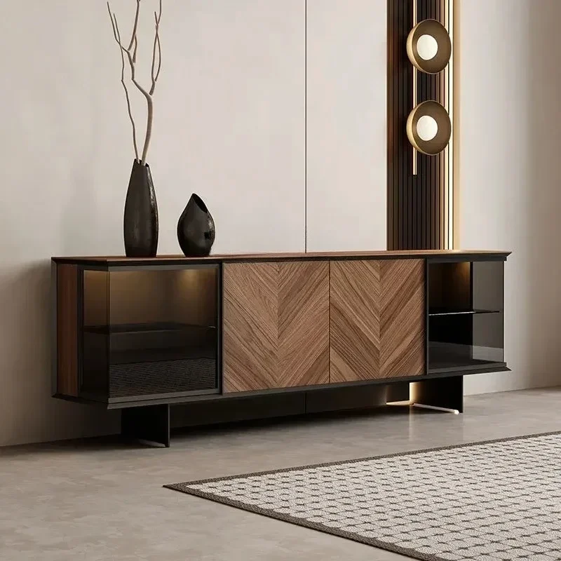 

YH Italian style, walnut, simple and modern, living room storage glass TV cabinet