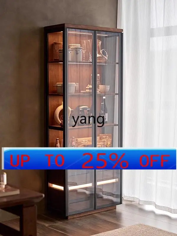 

YJQQ solid wood floor-to-ceiling bookcase, black walnut glass display case, whole wall living room tea set combination