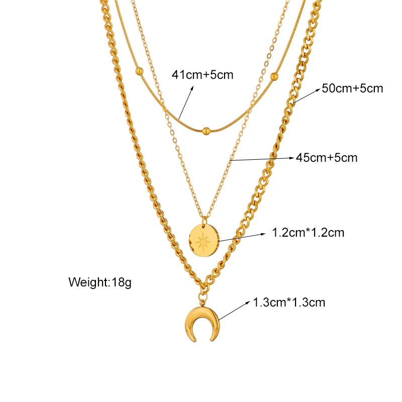 LAMENGLY 316L Stainless Steel Gold Color Bent Moon Pendant  Necklaces for Women New Trend Multilayer 3in1 Chains Jewelry Gifts