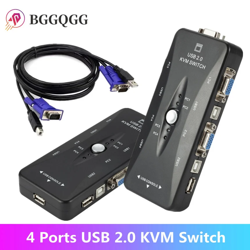 

4 Port Kvm Switch USB 2.0 VGA Splitter Printer Mouse Keyboard Pendrive Share Switcher 1920*1440 VGA Switch Box Adapter