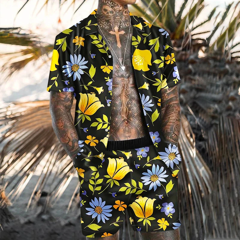 Hawaiian Cardigan 2Pcs Sets Summer 3D Leopard Print Short Sleeve Button Shirt Beach Shorts Holiday Men\'s Daily Two Piece Suit