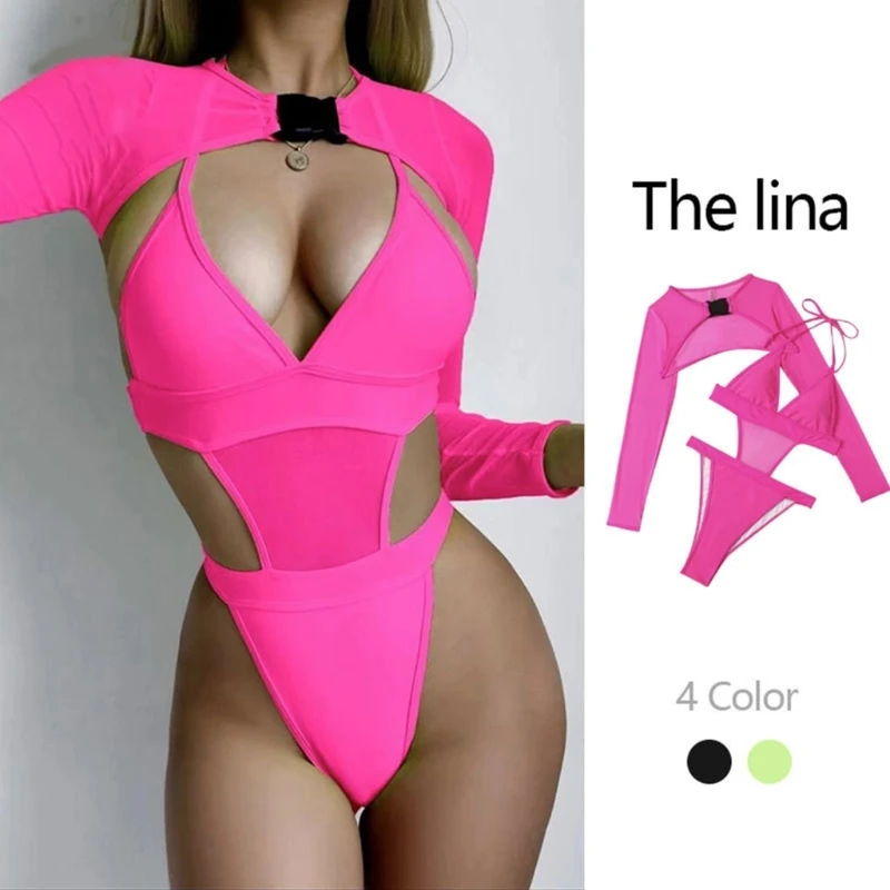 

Sexy Cutout Swimsuit Two Pieces Rave Outfits Neon Bodysuit with Buckle for Women