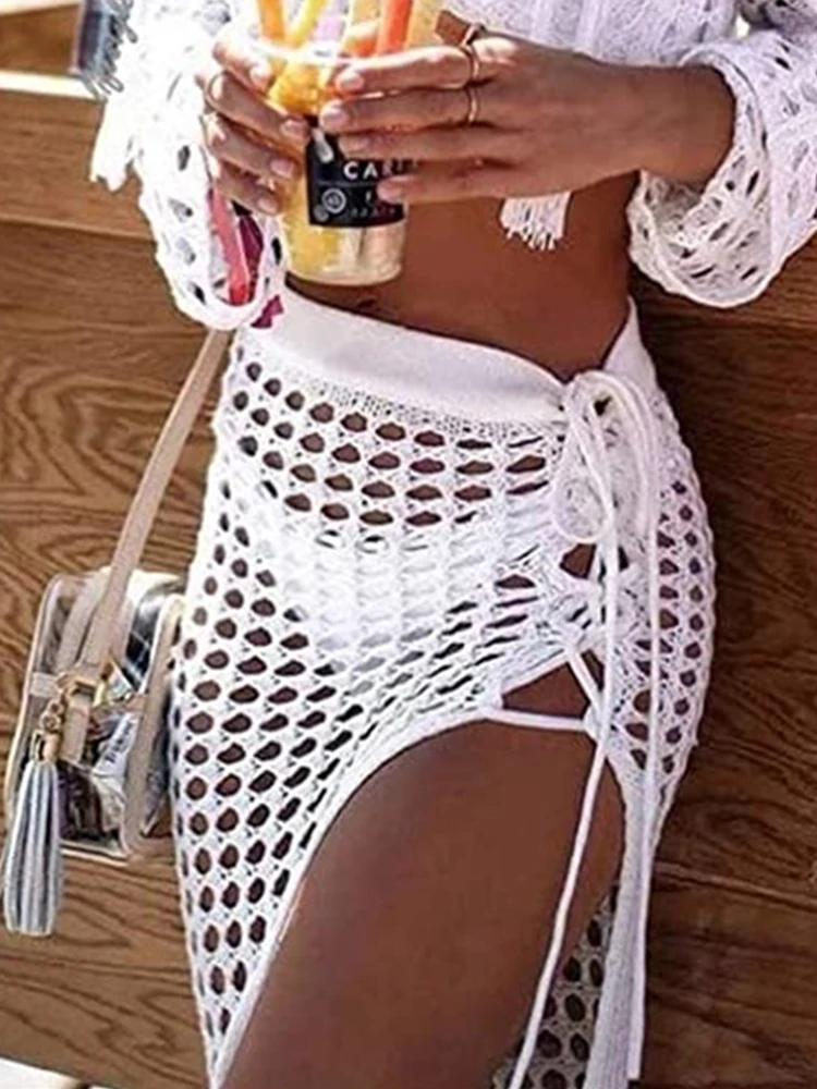 Women’s Sexy Sheer Hollow Out Beach Maxi Knit Skirt Split Tassels Beachwear Summer Crochet Cover Up Skirts 2021 Hot Sell