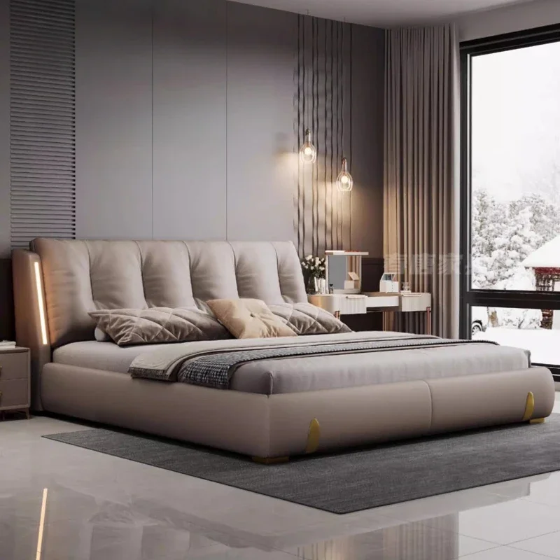 #180x200cm King SizeLeather Double Bed Equipped With Induction Light Bed 2 People Modern Luxury Cama Box Casal Bedroom Furniture