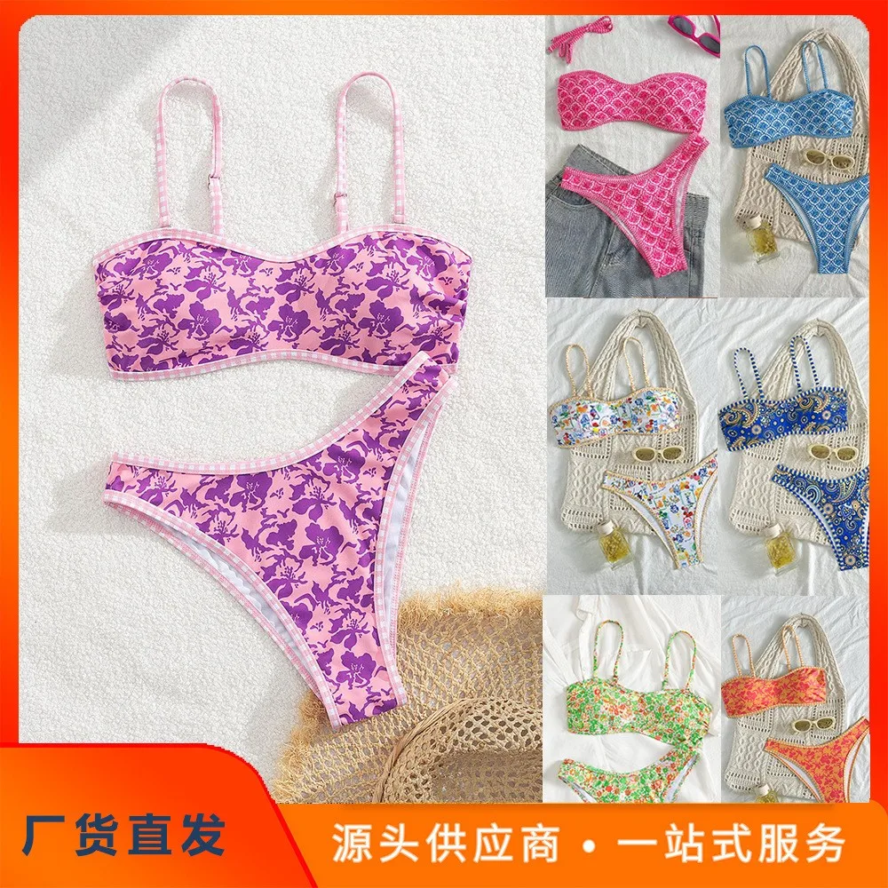 

Women's Sexy Lingerie Bikini Floral Print Bandeau Top Bikinis Thong Bottom High Cut Swimsuit Sleeveless Two Piece Swimsuit