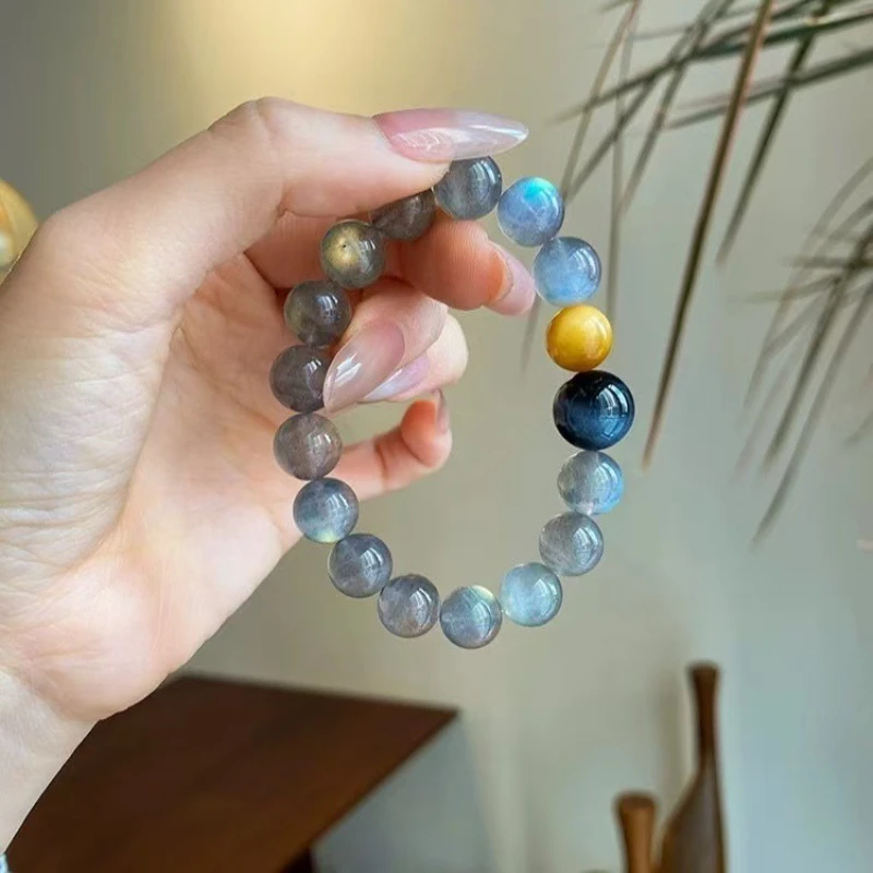 

Natural Gray Moonstone 10mm Crystal Bracelet, Women's Blue and Gold Tiger's Eye Bracelet, Light Luxury and Fashionable Versatile