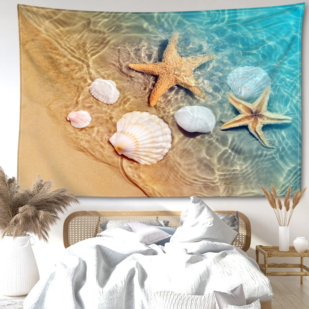 Beach Sea Sea Star Printed Tapestry, Summer Vacation Style Room Bedroom Study Living Room Wall Hanging