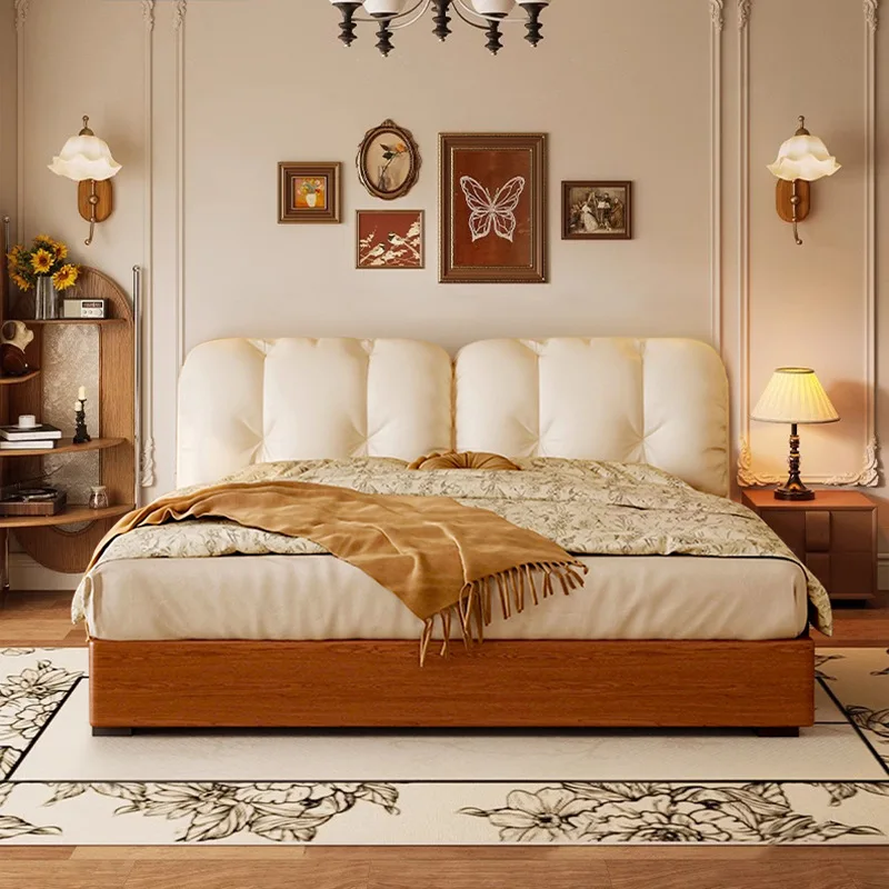 Cama nube, bolsa suave de cuero retro con cajón de almacenamiento, dormitorio principal, minimalista italiano, doble de madera de fresno