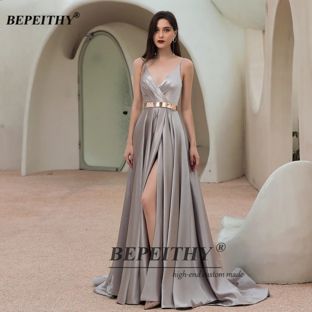 BEPEITHY Customized  A-Line Prom Dress High Slit With Sash Court Train V Neck Sexy Evening Dresses For Women 2023 Elegant Gowns