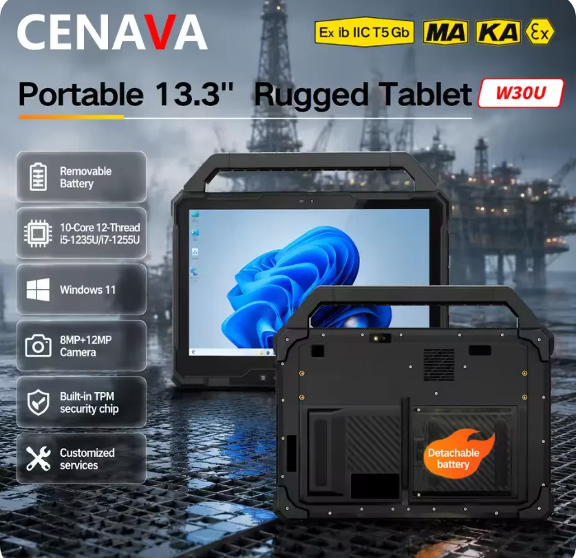 CENAVA W30U 13.3″ 10-core industrial rugged tablet Intel i7-1255U Win 11 Pro optional 4G/5G/2D Code/NFC/ID Card/UHF/Fingerprint