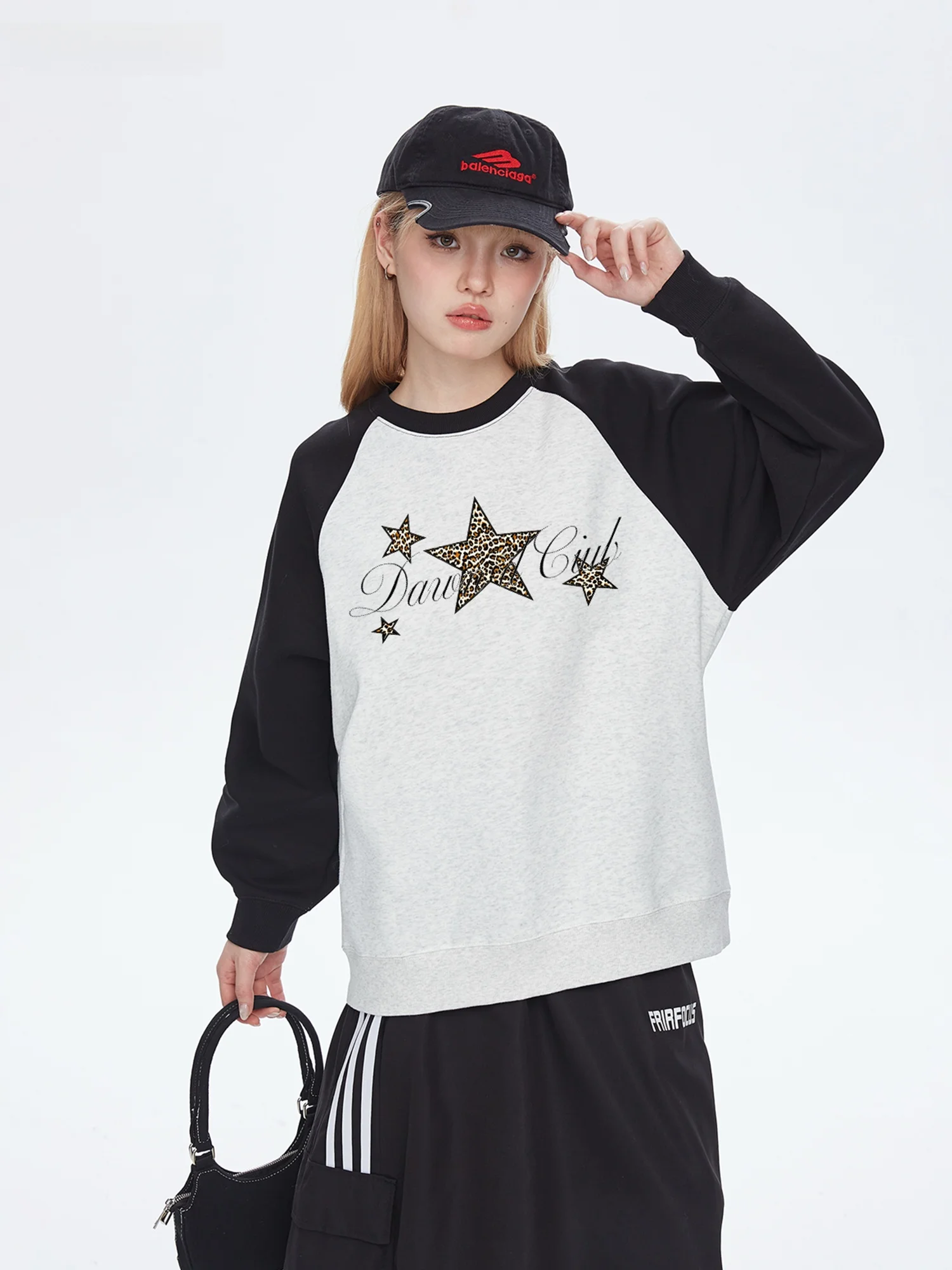 Dawn D American Letter Leopard Print Star Heavyweight Shoulder Sleeve Hoodie Loose Trendy Brand Couple Long Sleeve Sweatshirt