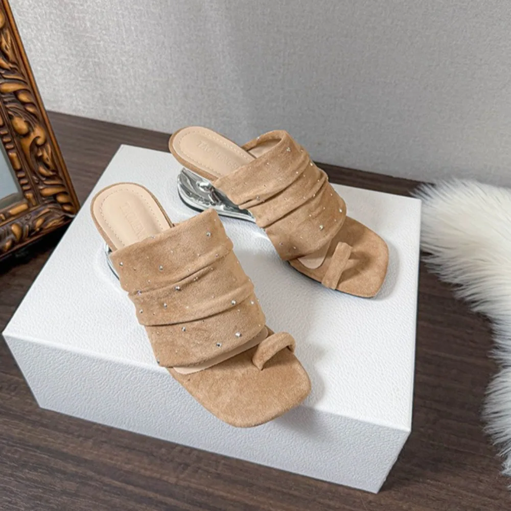 Women's Luxury Slippers Height Increase 6cm Set Toe High Heel Sandals Women's Retro Pleated Special Shaped Heel Slippers Women