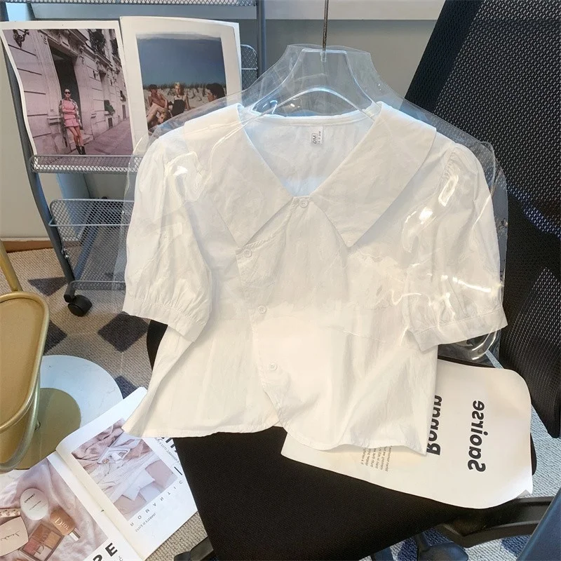 

Elegant Short Sleeve Shirt Women's Summer Small Size Chic Top Big Brand Tagless Sample Garment Sweet Style College Girl