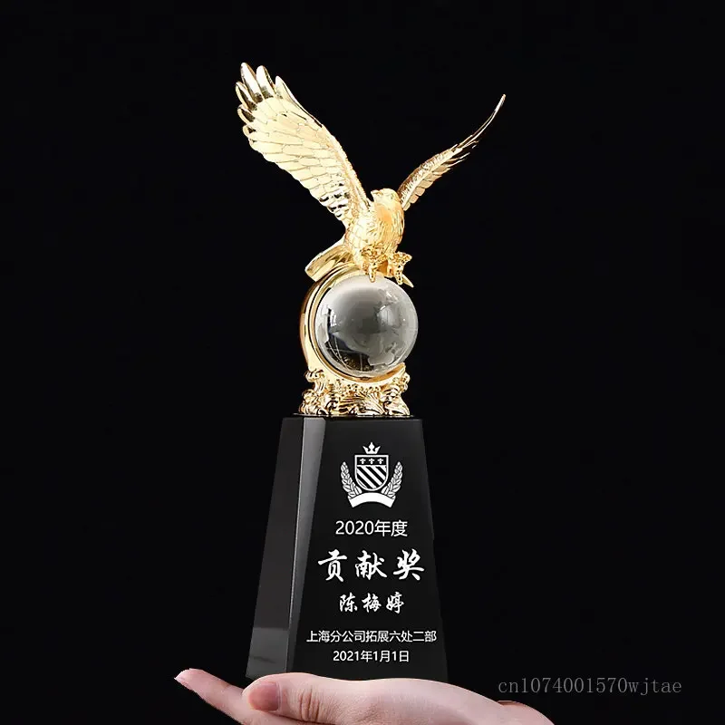 Customized High-End Metal Eagle Plus Crystal Trophy, annual Meeting Award, Souvenir, Sales, Home Decoration, Engraving, New, 1Pc