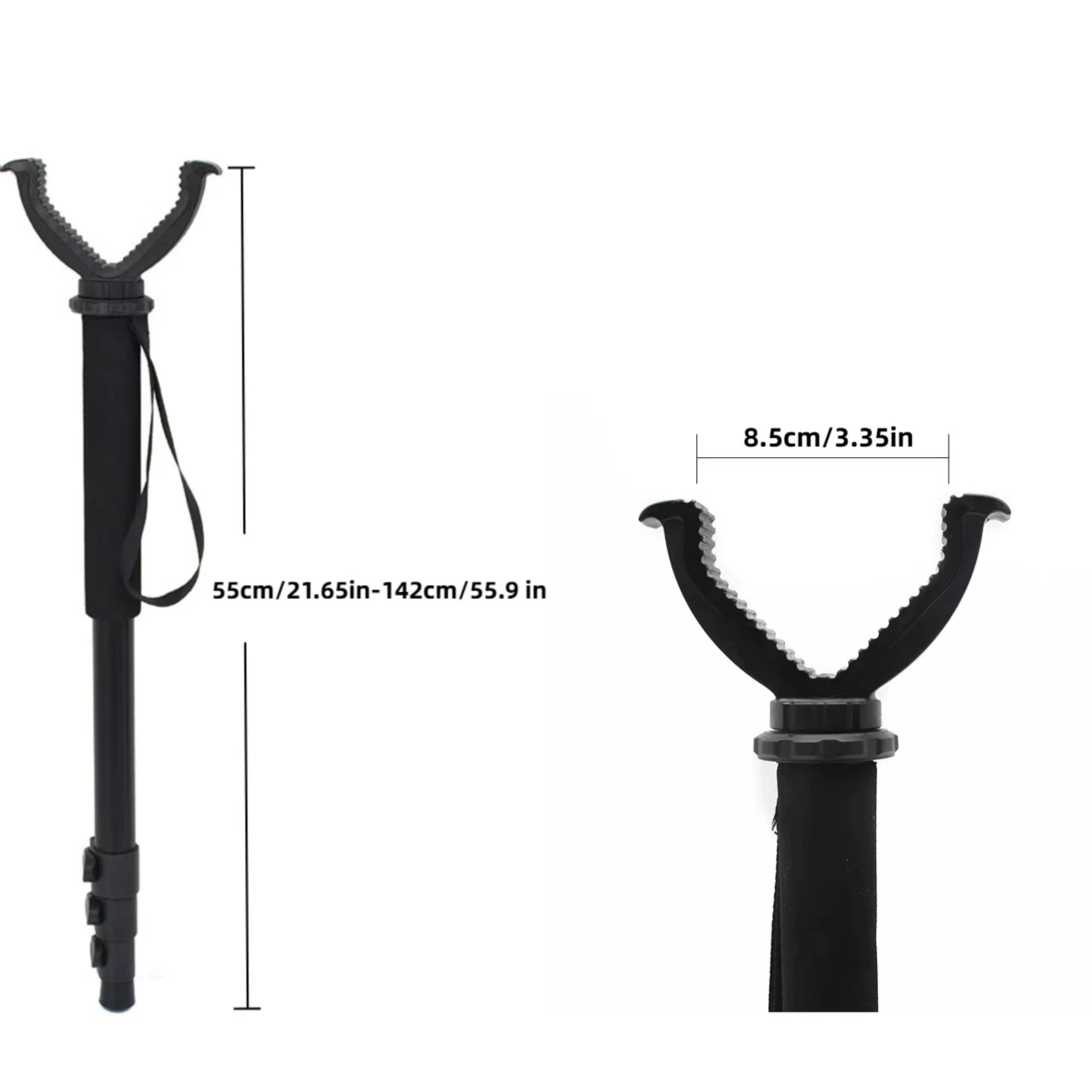 Jagd-Einbeinstativ aus Aluminiumlegierung, Teleskop-Schießstab mit Anti-Verlust-Handgelenkschlaufe und V-Yoke-Kopf – Detail 2
